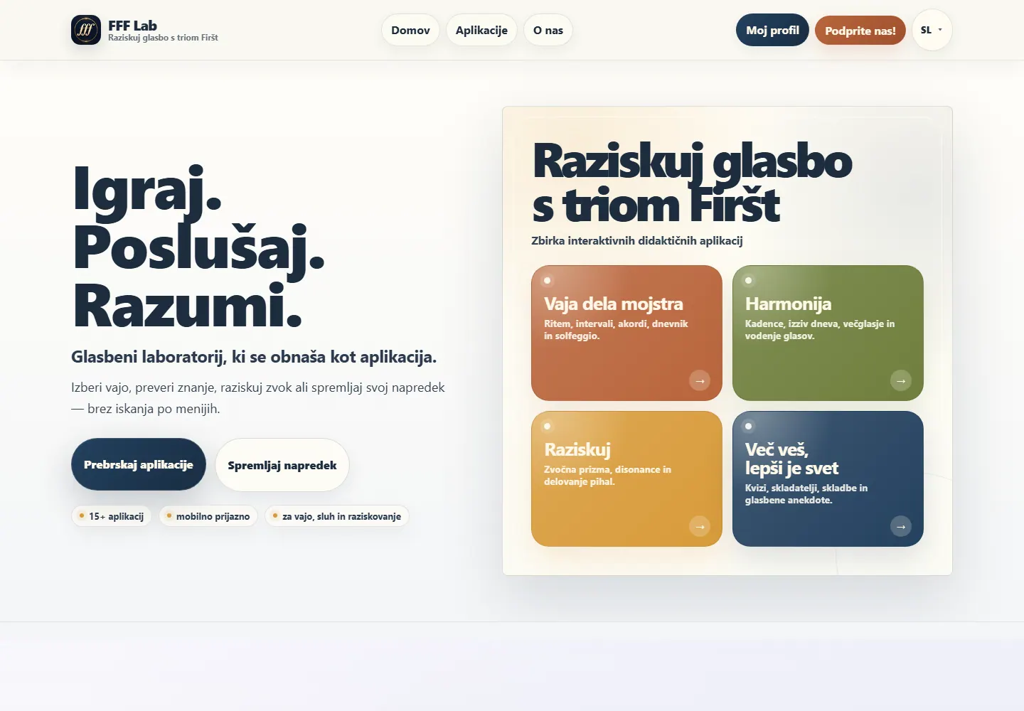 Naslovna stran digitalnega glasbenega laboratorija FFF Lab